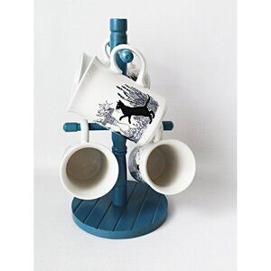 4 Vintage Black Cats in Garden Mugs Wood Holder Vintage England